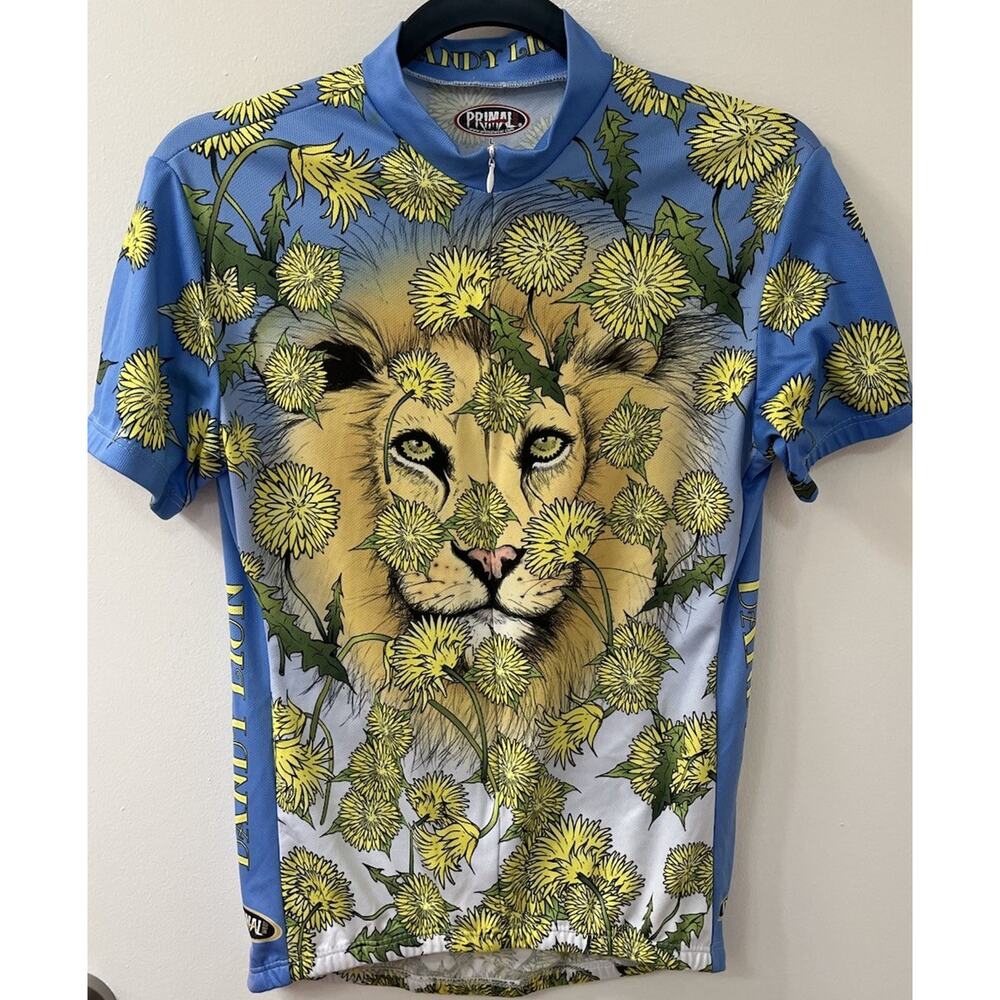 Primal SIZE Large Short-Sleeve Cycling Jersey Floral Lion Print Zip blue yellow - Picture 3 of 8